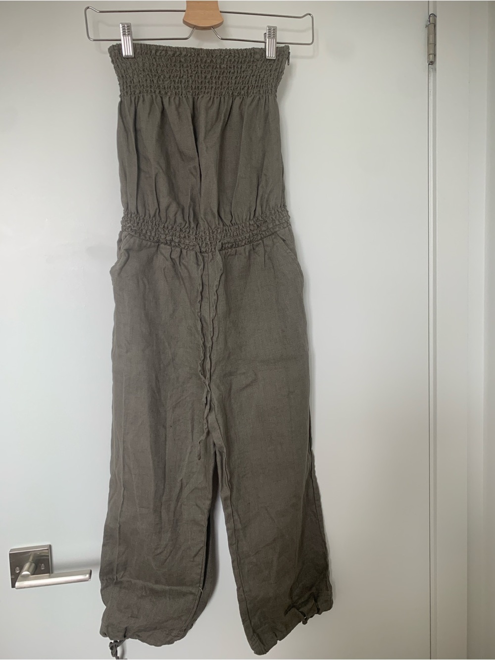 RW&CO 100%Linen Smocked Strapless Jumpsuit in Olive Green